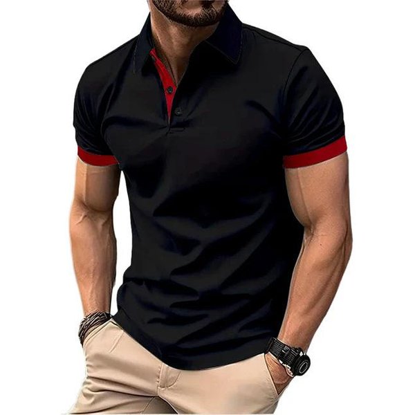 MęSka Koszulka Polo Z KróTkim RęKawem, Swobodna, Dopasowana, Z Blokami KoloróW, Koszulki W Stylu Angielskim, Streetwear, Koszulki Polo Dla MężCzyzn, Topy, Koszulki Xxxl Czerwony/Czarny-image