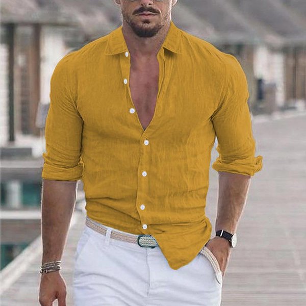Camisas De Lino Y AlgodóN Para Hombre, Camisa Hawaiana Lisa Con Cuello Vuelto, Camisa Blanca Ligera Y Transpirable, Ropa Informal De Talla Grande L Naranja-image