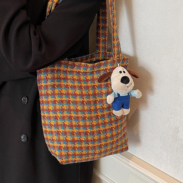 Bolso De Hombro Retro Ins Casual A Cuadros Bolso Nuevo Moda Simple Para Mujer Moda OtoñO E Invierno Bolso Tipo Cubo Brown-image
