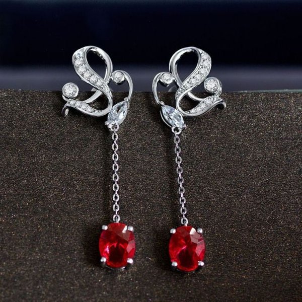 Pendientes Colgantes De Lujo De Plata De Ley 925 Para Mujer, Con Brillantes Diamantes Rojos De 7 X 9 Mm, JoyeríA Fina, Regalos. Gray-image