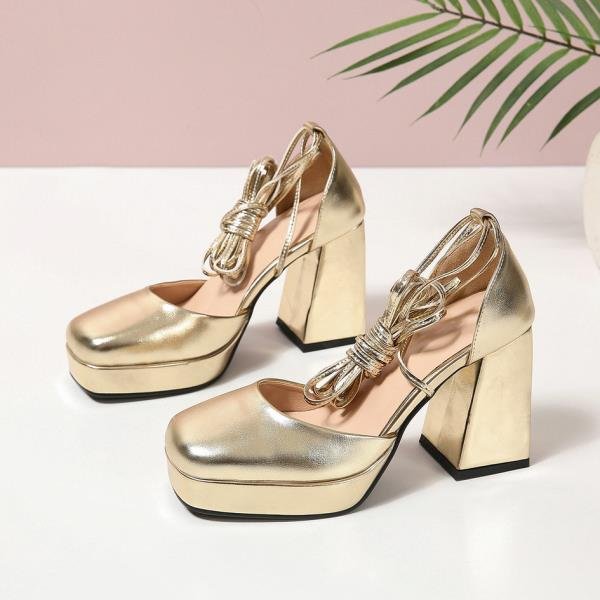 Zapatos De Moda 2025 Tacones De Plataforma Sandalias SeñOras Cordones Sexy Pump Punta Redonda Grande Africano Primavera Dorado Travestis Casual Beige Cuadrado H 41-image