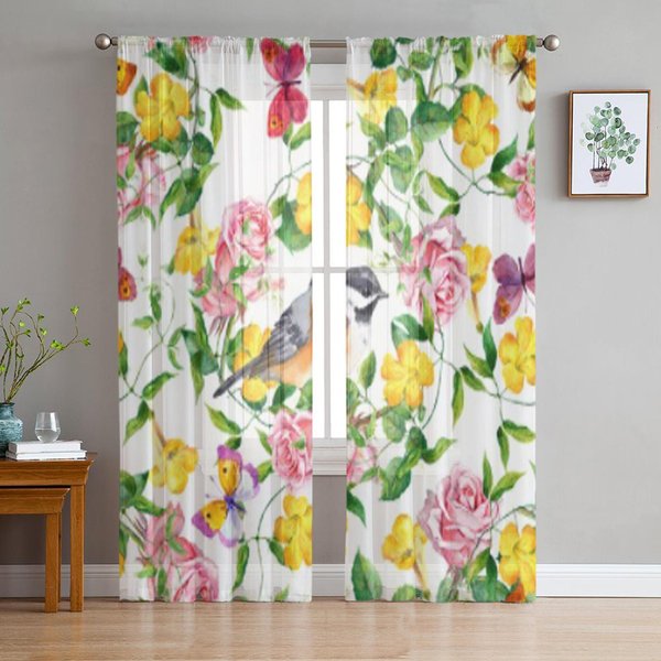 Cortinas Transparentes De Flor Amarilla Y Correhuela Para Sala De Estar Tul Transparente Tratamientos De Ventana Dormitorio Cocina DecoracióN Del Hogar Cortinas De Velos 135W X 114H(Cm) White-image