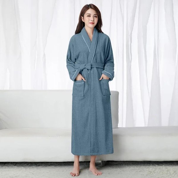 Albornoz De Rizo De AlgodóN 100% Extra Largo Para Parejas, Albornoz Suave Para Hombre Y Mujer, Bata De Noche, Ropa De Dormir, Albornoz Casual Para Casa 2XL Gray-image