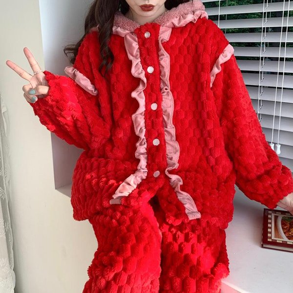 Pijama Rojo De AñO Nuevo De Forro Polar Coral Para Mujer Invierno Ropa De Dormir Felpa Gruesa Ropa Para El Hogar Franela Casual Suelta Con Capucha Ropa De Noche XL Red-image