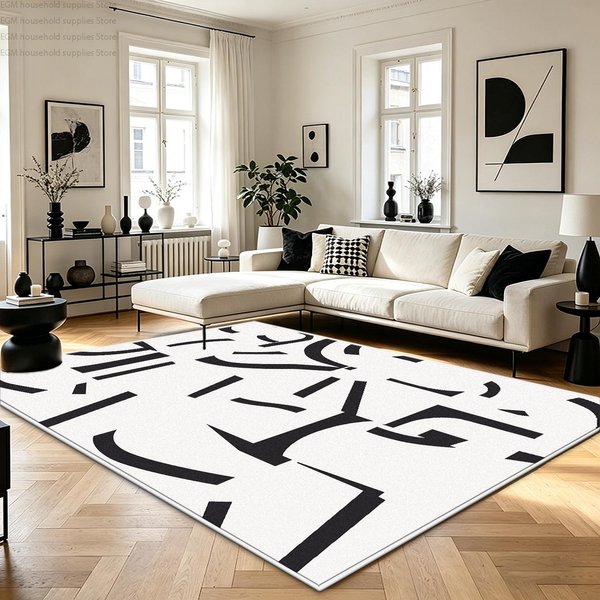 Czarno-BiałY Nowoczesny Nordycki Abstrakcyjny Geometryczny Dywan Salon Dekoracja Domu DużY Dywan MięKki AntypośLizgowy Sypialnia Zmywalna Mata PodłOgowa 2.6X3.9Ft(80X120Cm)-image