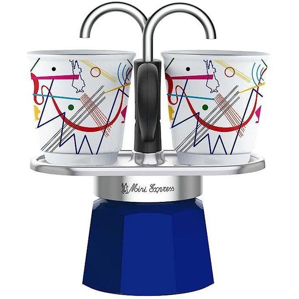 Set Cafetera Italiana + 2 Tazas - Bialetti - Mini-Express Kandinsky - 100 Ml - Acero Inoxidable / Azul-image