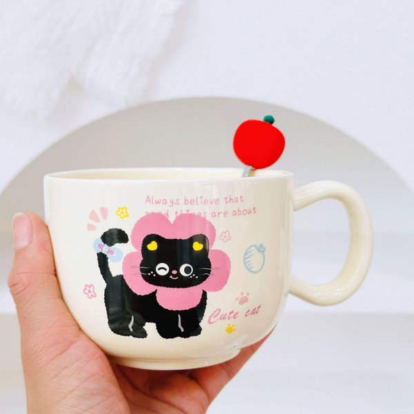 Taza De Desayuno Creativa De Gato De Dibujos Animados Taza De CeráMica Con Tapa Taza Hervidor Set Para El Hogar Taza Taza De Regalo PequeñO 350ML-image