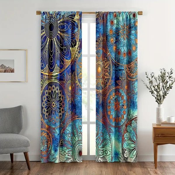 2 Piezas Cortinas Blackout Mandala Boho Flores Bohemias Rayas Bolsillo Para Barra Cortinas De Ventana Para Dormitorio Sala De Estar ÉTnico Vintage Pat W150CM H166CM Top-image