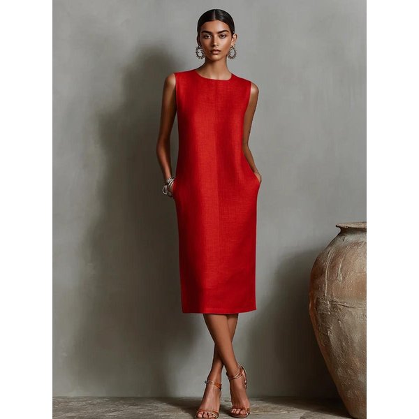 Vestido Midi Sin Mangas Para Mujer Con Bolsillos Laterales Color Naranja SóLido Casual De Corte Holgado Vestido De Verano S Rojo-image