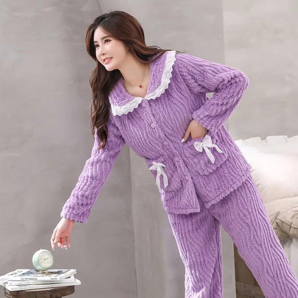 Damska Zimowa Pogrubiona PiżAma Z Grubego Polaru, Pogrubiona PiżAma Z Koralowego Weluru, Flanelowa Odzież Domowa, PiżAma Z Kwadratowym Dekoltem, PiżAma 2XL Pink-image