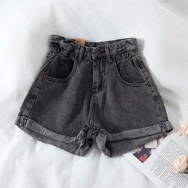 Pantalones Retro De Cintura Alta Sueltos De Pierna Ancha Pantalones Cortos Vaqueros Estilo Coreano Verano VersáTiles Remangados Casual Ropa De Mujer L-image