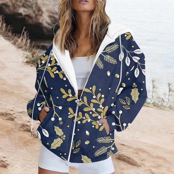 Bluza Z Kapturem Zapinana Na Zamek, Damska, Z DłUgim RęKawem, Jesienne Stylizacje, Bluzy Z Kapturem W DużYch Rozmiarach, Casualowe, Modne Kurtki L Ciemnoniebieski-image