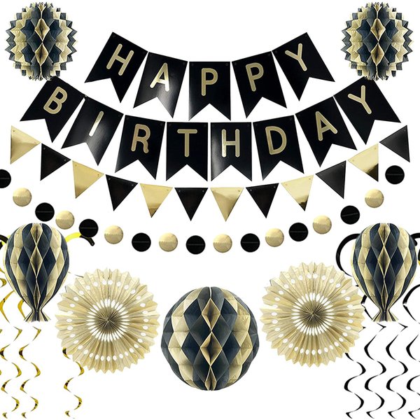 18 Uds. Conjunto De Pancarta De Feliz CumpleañOs, Suministros De DecoracióN Para Fiesta En Oro Negro, Pancarta Colgante Para Favores De Fiesta Negro-image