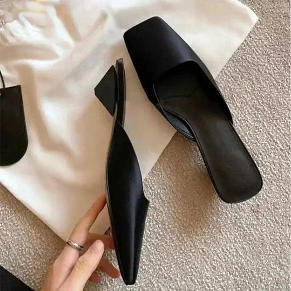 Eleganckie Satynowe Dziwne Damskie Kapcie Mule Wygodne Seksowne Kwadratowy Nosek Kapcie Kobieta Letnie Codzienne Designerskie Buty Dla Kobiet 40 Czarny-image