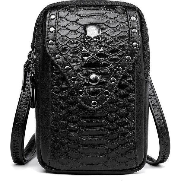Bolso Bandolera Para Mujer Con PatróN De Calavera Y Serpiente De Cuero Pu, Bolso De Hombro ÚNico Para Exteriores, Bolso Para TeléFono MóVil, Bolso PequeñO De Viaje Negro-image