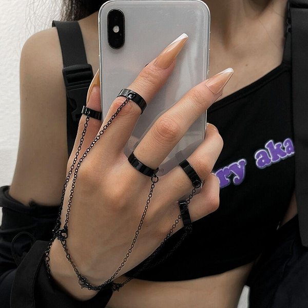 Modna Bransoletka PierśCionek Na Palec Dla MężCzyzn I Kobiet Regulowany Otwarty PierśCionek Z ŁAńCuszkiem ŁąCząCym Modna BiżUteria W Stylu Hip Hop Street Gray-image