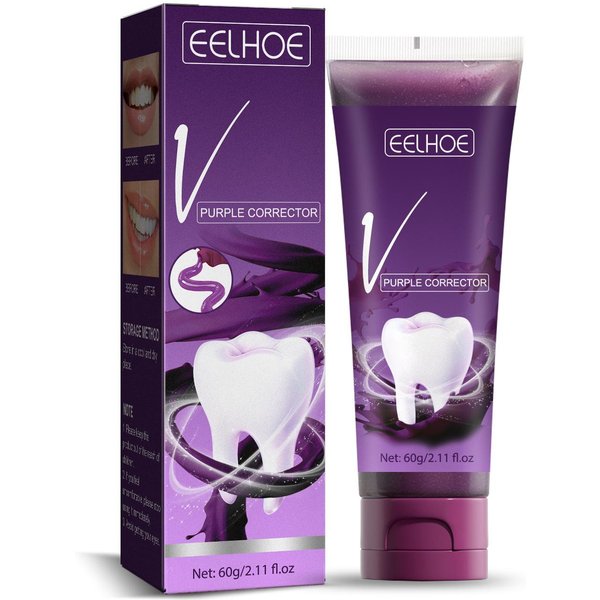 Eelhoe V34 Pasta De Dientes Blanqueadora PúRpura Manchas Amarillas EliminacióN De Sarro Aliento Fresco Limpieza Bucal Color CorreccióN Dental Blanqueador 60G Blue-image