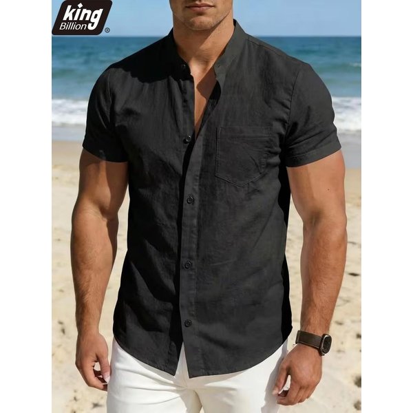 Camisa De Lino Mezclado Con Cuello MandaríN Para Hombre - Manga Corta Con Botones Y Bolsillo En El Pecho, Top Casual Para Vacaciones De Verano En La Playa L Black-image