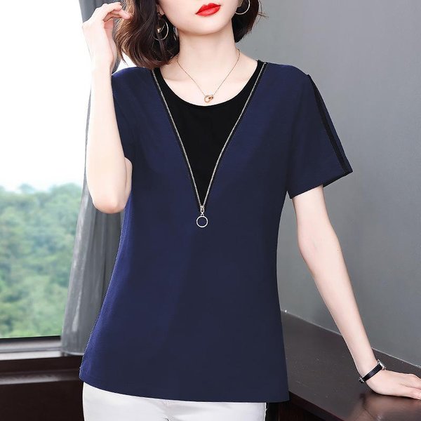 Camiseta De Manga Corta Falsa De Dos Piezas Para Mujer Nueva Ropa De Verano Para Mujer Talla Grande Mm Gordita Adelgazante De Longitud Media Top Para Madre 5XL Black-image
