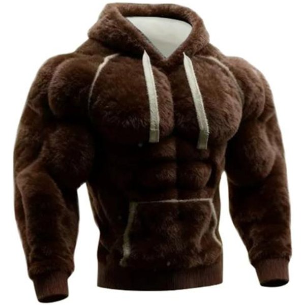 MęSka Bluza Z Kapturem MięśNiowa WzóR 3D Puszysty Pulower Muskularny DłUgi RęKaw CiepłA Bluza Z Kapturem Na Co Dzień Sport Streetwear Moda XL Black-image