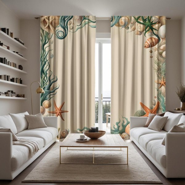 2 Piezas Mundo Del Fondo Marino HD Estrella De Mar Caracola Hierba AcuáTica Cortina Decorativa Cortina Con Estampado Digital De Corbata Blanca Estilo De DecoracióN Del Hogar W52H63Inchw132H160Cm-image