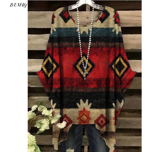 Bohemian Kwiatowa Tunika Plus Size Damska Bohemian Kwiatowy WzóR Tunika T-Shirt KróTki RęKaw OkrąGłY Dekolt Swobodny Top 2XL-image