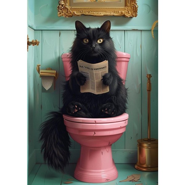 Plakat Gazetowy Zabawny Uroczy Kot ŁAzienka Obraz Na PłóTnie Sztuka ŚCienna Do Pokoju Toalety WystróJ Domu Zwierzę Na Toalecie I CzytająCe 21X30Cmno Framed Black-image