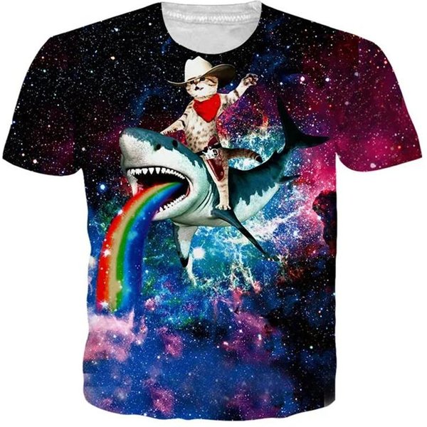 Verano ImpresióN 3D Camiseta Gatos Divertidos Hombre Gato Galaxia GráFico Manga Corta Personalidad Casual Cuello O Calle Cuello Redondo Camisetas Ropa 6XL Blue-image