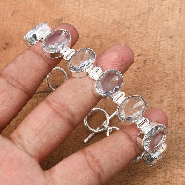 Kamień Szlachetny BiałY Topaz : Bransoletka Z Wieloma Kamieniami Szlachetnymi Ze Srebra PróBy 925, RęCznie Robiona BiżUteria 7-8 Inch Adjustable BiałY-image
