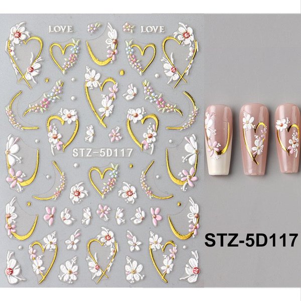 5D Relieve Kawaii Floral LíNea Dorada Deslizadores Primavera Flores Blancas Pegatinas Para UñAs DIY PéTalos UñAs De Boda CalcomaníAs Accesorios STZ-5D117 Gray-image