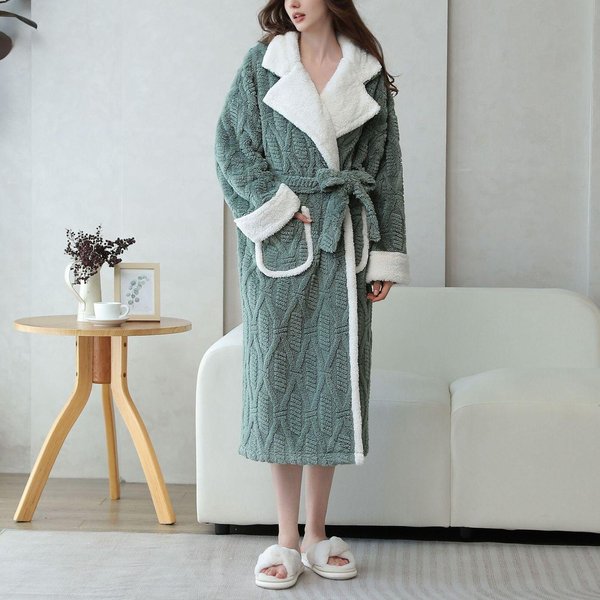 Albornoz De Invierno Para Mujer Color SóLido Felpa Gruesa Manga Larga Solapa Albornoz Pijama Pijama CáLido Para Mujer XL Gray-image