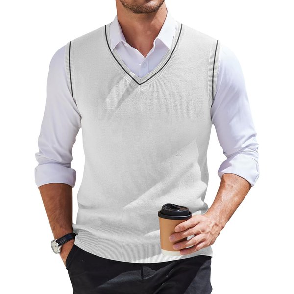 Chaleco De Punto Sin Mangas Con Cuello En V Para Hombre XL Blanco-image