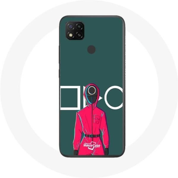 Funda Xiaomi Redmi 9C Juego Del Calamar Soldado Rojo Con MáScara CíRculo Fondo Verde-image