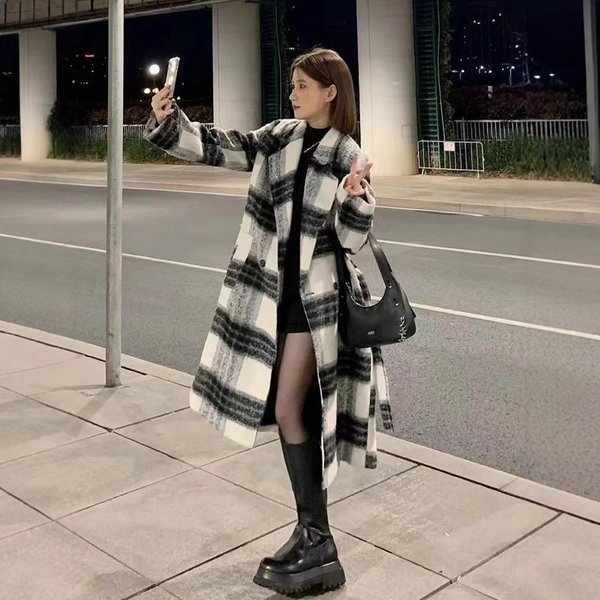 WełNiany PłAszcz Damski Na Jesień I Zimę Nowy Styl Krata Pogrubiony KoreańSki Styl LuźNy Europejski I KoreańSki Styl WełNiany PłAszcz XL Gray-image