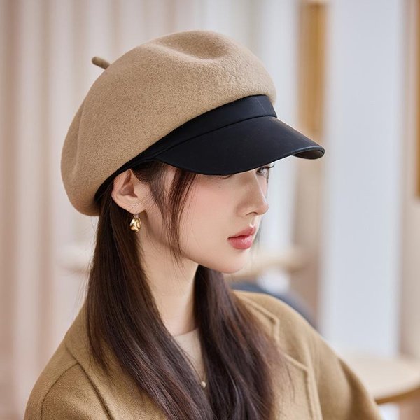 Boina De Lana VersáTil Estilo BritáNico Para OtoñO E Invierno Engrosada Cortavientos Y CáLida Sombrero De Pintor VersióN Coreana Ala Cabeza Grande Sombrero De Abeja De PerióDico Coreano Average Size Brown-image