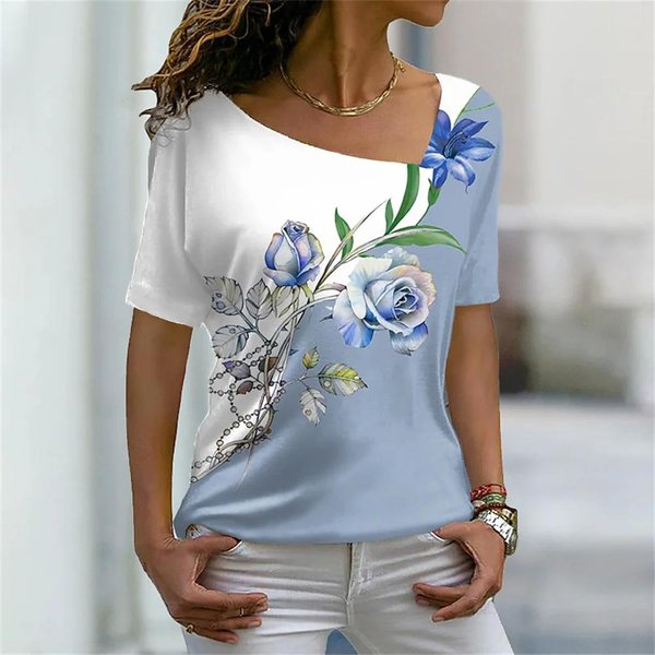 Letnie Damskie T-Shirty 3D Kwiatowy Nadruk V Neck Topy Z KróTkim RęKawem Casual Ladies T Shirt Moda Koszulki W Stylu Harajuku Odzież Damska Y2K 3XL-image