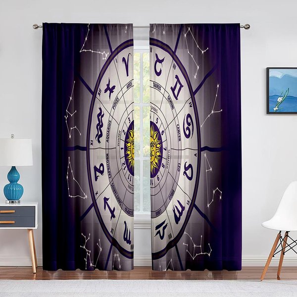 Cortinas De Tul De AstrologíA ConstelacióN Del ZodíAco Y Planetas Cortina Transparente De Voile Para DecoracióN De Sala De Estar Dormitorio Cocina 1 PCS W100Xh250Cm&Grommet Top-image