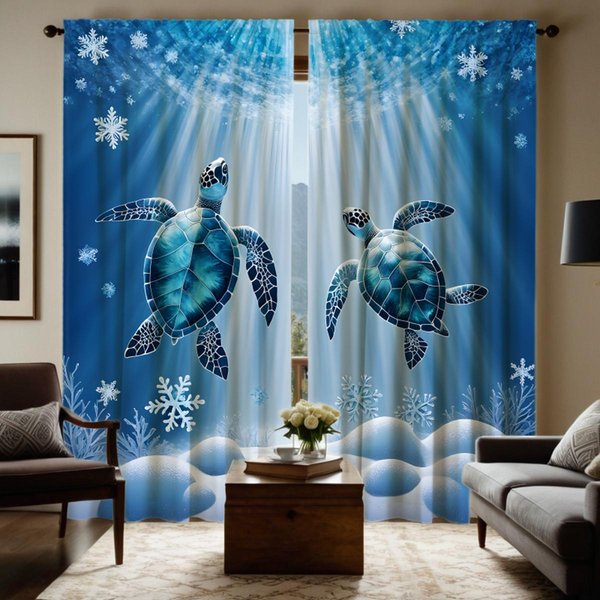 2 Piezas Fondo Marino HD Copo De Nieve RomáNtico Tortuga Buceando Cortina Decorativa Azul Corbata Cortina Estampada Digitalmente Estilo DecoracióN Del Hogar W52H63Inchw132H160Cm-image
