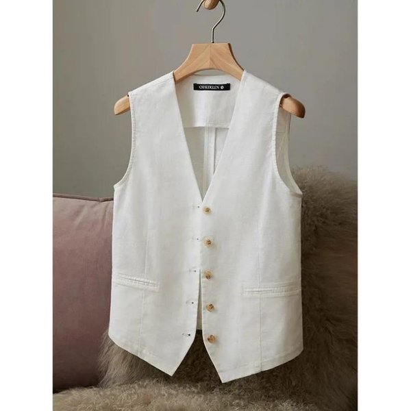 Chaleco Casual De Mujer Con Mezcla De Lino Blanco, Cuello En V, Botones Al Frente, Chaleco S Blanco-image