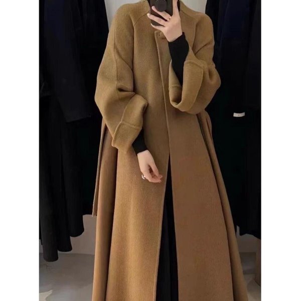 Nowy Zimowy Styl Leniwy Styl Dwustronny WełNiany Jednolity Kolor KoreańSki OkrąGłY Dekolt Krawat WyszczuplająCy Jesienny WełNiany PłAszcz DłUgi PłAszcz M Brown-image