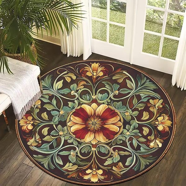 Bohemian Lotus Kwiat Lotosu OkrąGłY Dywan Vintage Etniczny Kolorowy Medalion Kwiatowy AntypośLizgowy MięKki Dywan Do Salonu Sypialni Pokoju Do Jogi 40X40CM-image