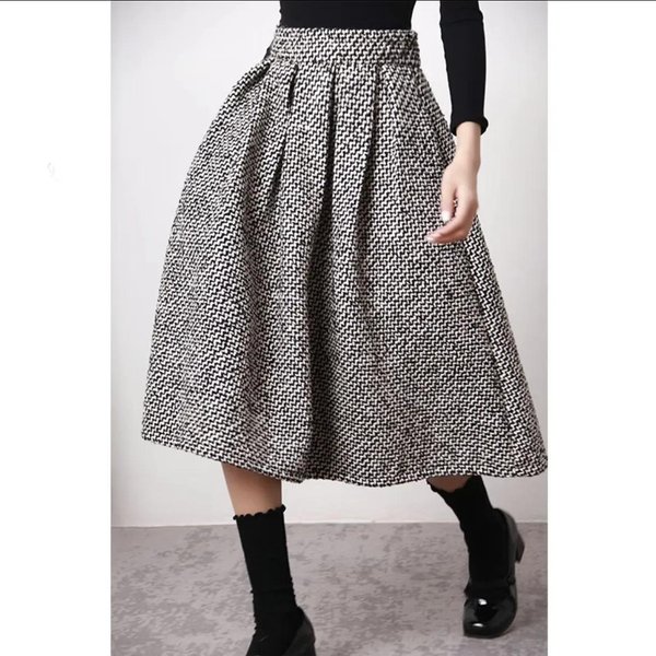 Kobiety Jesień Zima Krata Vintage Gruba KoreańSka SpóDnica Wysoki Stan Linia A Retro DłUga SpóDnica XXS Gray-image