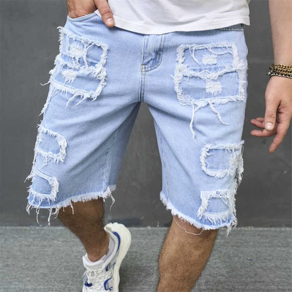 2024 Nuevos Pantalones Vaqueros Para Hombre, Pantalones Cortos Holgados Rotos Europeos Y Americanos Para Hombre, Pantalones Cortos Casuales, Pantalones De Cinco Cuartos XXL Azul-image