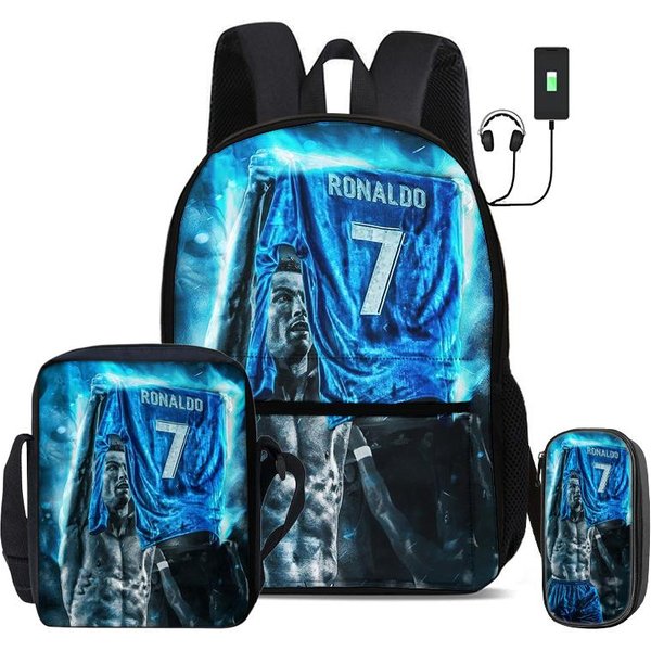 Ronaldo Juego De 3 Piezas Mochilas Escolares Mochila Con Interfaz USB CR Estrella De FúTbol Bolso De Hombro Deporte De FúTbol Estuche Para LáPices Mochila Para NiñOs-image