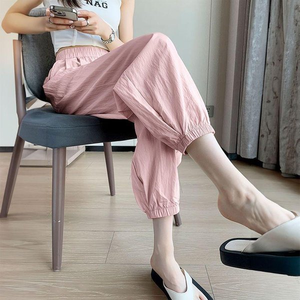 Pantalones Casuales De Pierna De Seda De Hielo Para Mujer, De Verano, Finos, De Cintura Alta, Sueltos, Languidez 4XL Color Rosa-image