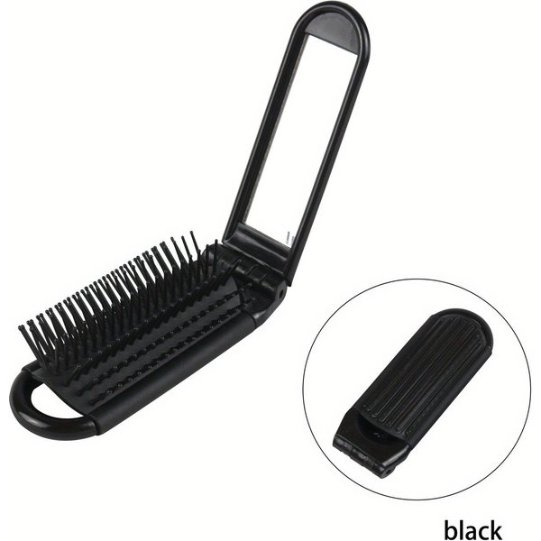 Cepillo De Pelo Plegable De Viaje PortáTil Con Espejo Peine Compacto De Bolsillo Cepillo De Pelo Para Masaje De PeluqueríA Negro-image