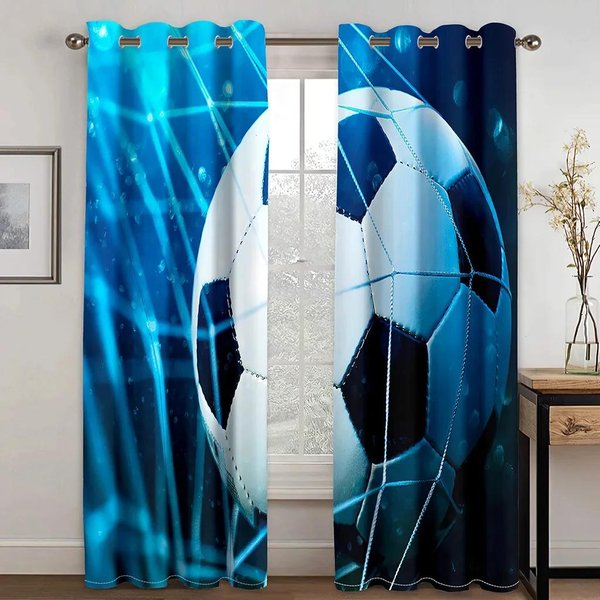 PiłKa NożNa Sporty MiłOśNicy PokóJ Dekoracyjne ZasłOny 2 Panele PokóJ ChłOpcóW DziewcząT Salon Gabinet Okno Dekoracyjne ZasłOny W60H60(Cm)X2Pcs&Rod Pocket Blue-image