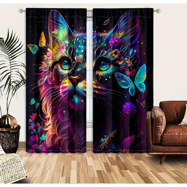 Artystyczny WzóR Z Kotami ZasłOna Idealna Do Wystroju Domu Tunel Na DrążEk ZasłOna Okienna Zaprojektowana Do Sypialni Biura Kuchni Salonu I Gabinetu W50 X H130(Cm)X2&Grommet Top-image