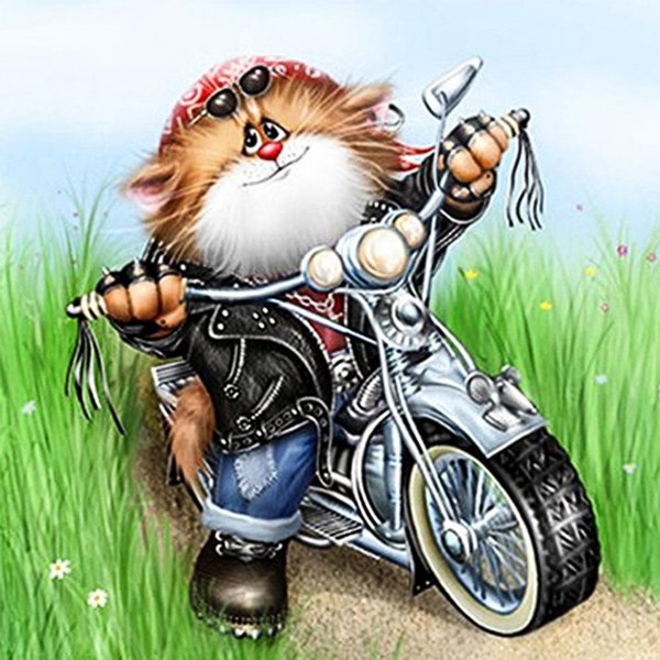 Kit De Punto De Cruz DIY Bordado De Diamantes Gato En Motocicleta Pintura De Diamantes Mosaico DecoracióN Del Hogar 30X30CM-image