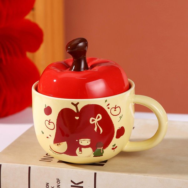 Wysoko WygląDająCy Uroczy Ceramiczny Kubek JabłKowy Dla DziewcząT PamiąTkowy Kubek Do Kawy Kubek Do Wody Personalizowany Kreatywny Kubek Z Pokrywką 360Ml Red-image